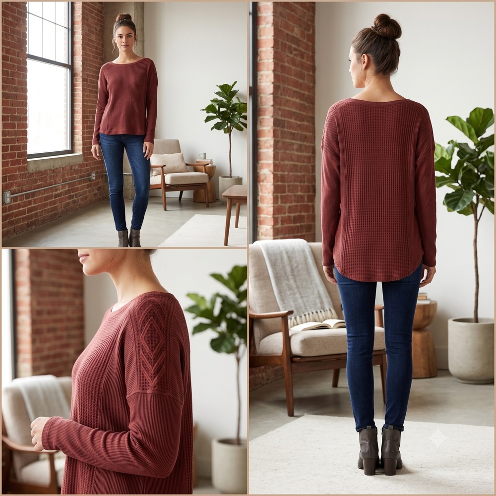 Ariat Everyday Long Sleeve Top Womens S Brown Waffle Knit Embroidered